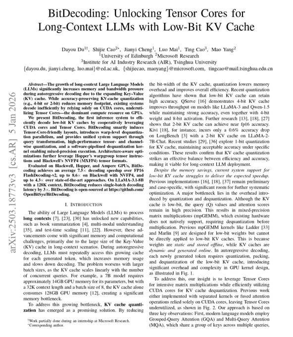 The image shows the title and abstract page of an academic paper titled "BitDecoding: Unlocking Tensor Cores for Long-Context LLMs with Low-Bit KV Cache" (arXiv 2503.18773), authored by Dayou Du et al. from University of Edinburgh, Microsoft Research, and Institute for AI Industry Research, Tsinghua University, dated 5 Jan 2026.

The page introduces a method called BitDecoding designed to reduce memory bottlenecks in long-context Large Language Models by leveraging Tensor Cores for KV cache quantization and dequantization using auto-regressive decoding.

This relates to the accompanying post about reading the BitDecoding paper from arXiv, as it displays the very paper being referenced (arXiv:2503.18773).