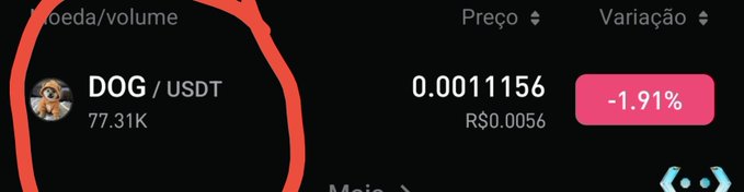 A cryptocurrency trading interface shows the DOG/USDT pair with a price of 0.0011156 (R$0.0056) and a -1.91% price change, circled in red.