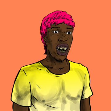 A digital illustration of a person with bright pink hair wearing a yellow t-shirt, with a surprised expression against an orange background.