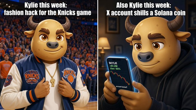 A meme featuring a cartoon bull character in two panels: 'Kylie this week: fashion hack for the Knicks game' and 'Also Kylie this week: X account shills a Solana coin' with a phone showing $KYLIE at +$1.2M.