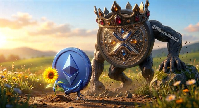 A crowned ETH coin-monster looms over a small, sunflower-holding Ethereum (ETH) coin in a grassy field at sunset, with the watermark "@ChiruSan83" visible on the right.