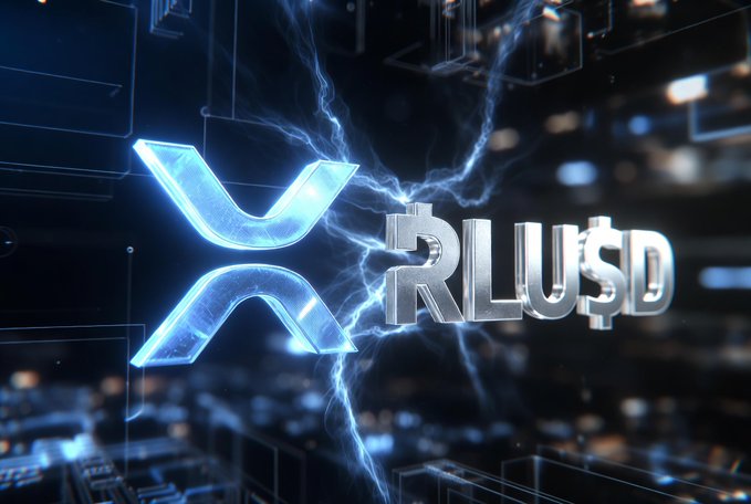 The XRP logo glows with electric blue energy next to the metallic text 'RLUSD' on a dark futuristic background.