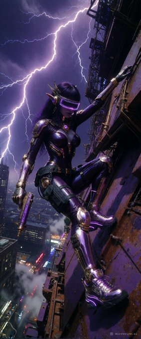 A futuristic female warrior in a glossy purple and silver cybernetic suit with a pink visor climbs a rusty industrial structure under a stormy purple sky with lightning.