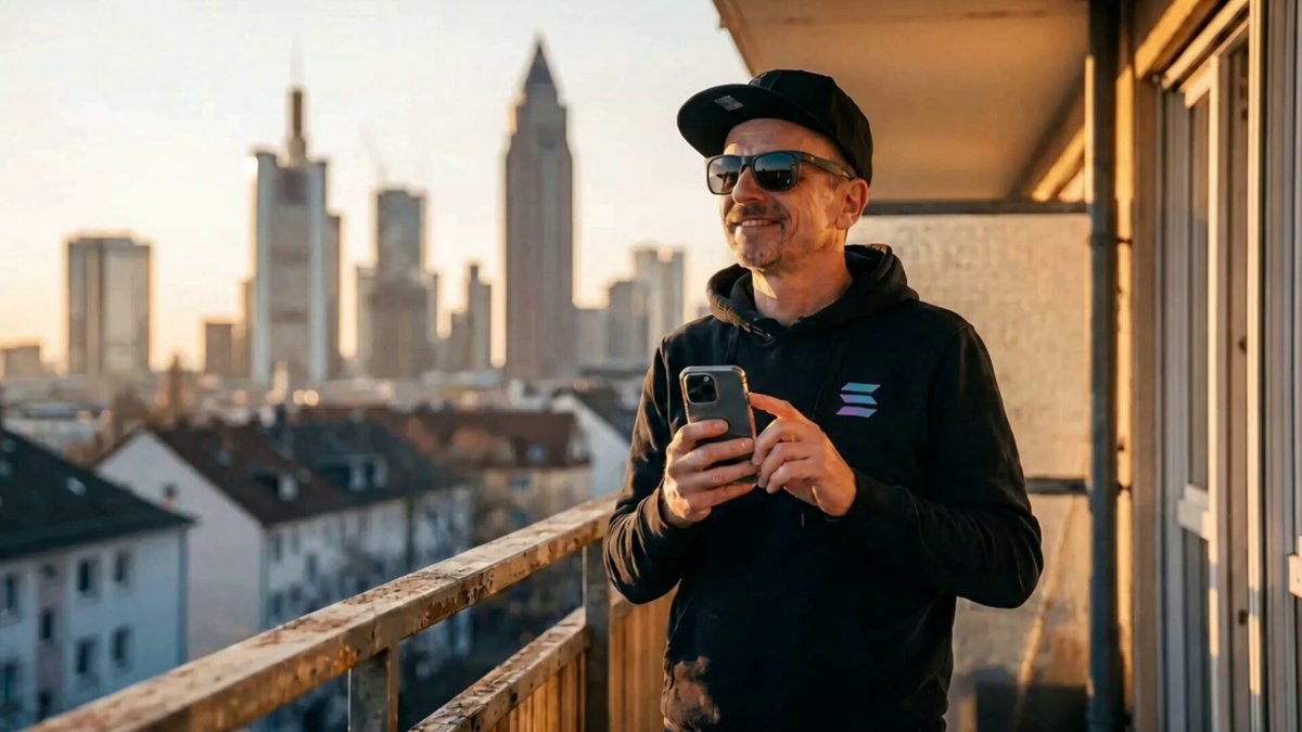 The image features a man standing on a balcony, wearing sunglasses and holding a cell phone. The city skyline can be seen behind him, indicating that he is located in Berlin, Germany. The caption of the image reads "14 days until Solana Summit Germany +1000 registrations and speakers are live BERLINMAXXING with @SuperteamDE soon". This suggests that there is an upcoming event or conference related to cryptocurrency called Solana Summit Germany, which has attracted a large number of attendees in just 14 days.

The man's attire includes a black hoodie and sunglasses, adding to the overall atmosphere of the image. The presence of the city skyline and the man's location on a balcony provide context for the event taking place in Berlin.