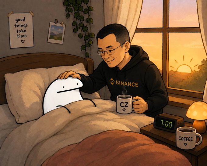 A stylized illustration of CZ (Changpeng Zhao) wearing a Binance hoodie, sitting in bed with a Baymax plush, a ‘CZ’ mug, and a ‘7:00’ alarm clock at sunrise.