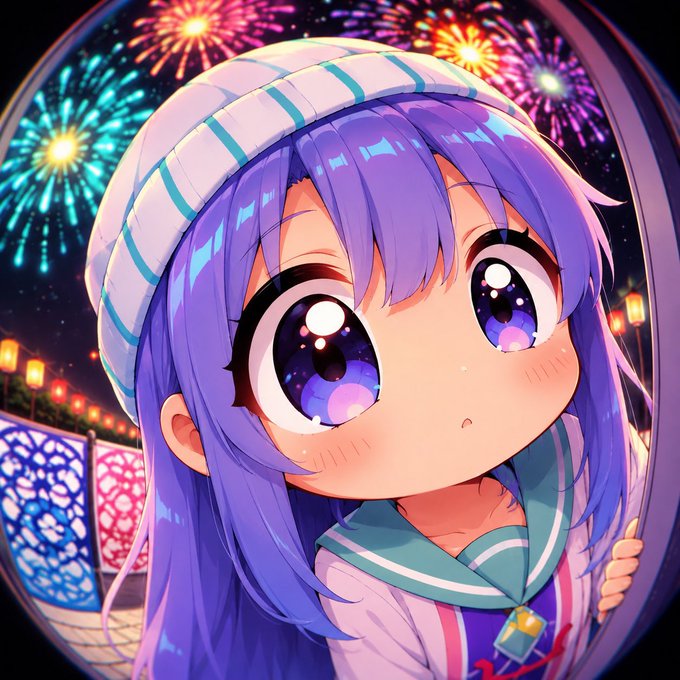 An anime-style illustration of a young girl with purple hair and large sparkling eyes wearing a sailor-style outfit, set against a backdrop of colorful fireworks at a festival.