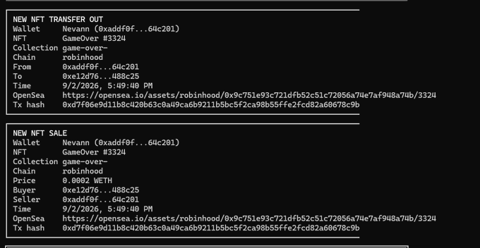 A dark screen displaying two terminal-style data logs: 'NEW NFT TRANSFER OUT' and 'NEW NFT SALE', detailing a transaction on the 'robinhood' chain involving the NFT collection 'GameOver #3324' with OpenSea links.