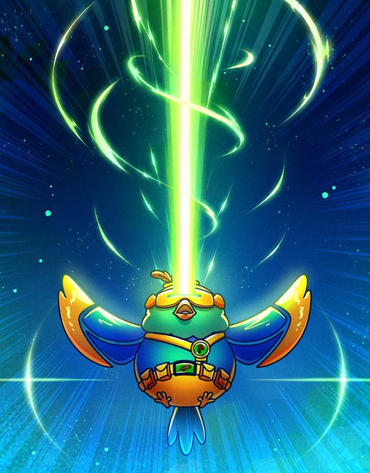 Digital artwork of a cute bird-like character in a green and blue superhero costume with golden wings, receiving a powerful green energy beam from above against a starry background.