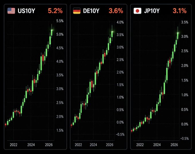 The image displays three candlestick charts tracking 10-year government bond yields from 2022 to 2026, showing the US 10Y climbing to 5.2%, the German 10Y (DE10Y) at 3.6%, and the Japanese 10Y (JP10Y) reaching 3.1%. The steep upward trajectories across all three charts visually illustrate the post's warning about a "melting" global bond market, where rising yields signal mounting fiscal pressure on governments to either cut spending or resort to inflation.