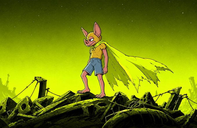 A young fox-bat creature wearing denim shorts and a tattered green cape strides confidently atop a pile of post-apocalyptic rubble under a sickly green sky, channeling the bold, scrappy energy of a "hoodrat" hero determined to press onward.