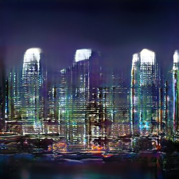 The image features a cityscape at night, with tall buildings illuminated against a dark sky. The perspective of the photo is taken from below, looking up towards the city lights. There are several skyscrapers visible, including one that appears blurry due to the camera's focus on it. The city lights create a vibrant and dynamic scene, showcasing the beauty and energy of urban life at night.