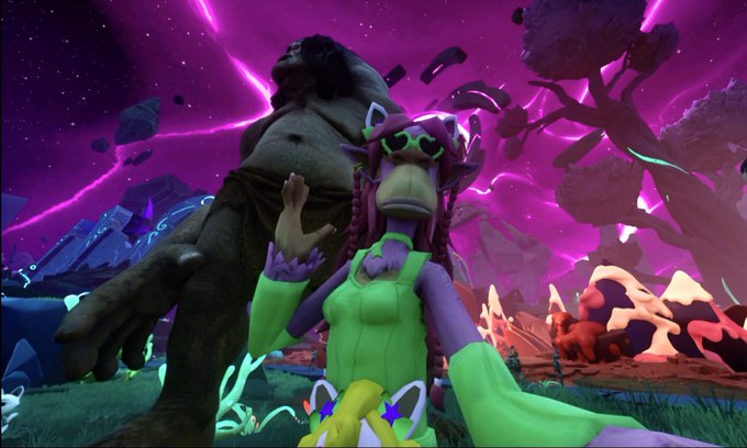 A green-skinned character wearing sunglasses and a colorful outfit poses in a vibrant, surreal landscape with a purple sky, floating debris, and alien rock formations.