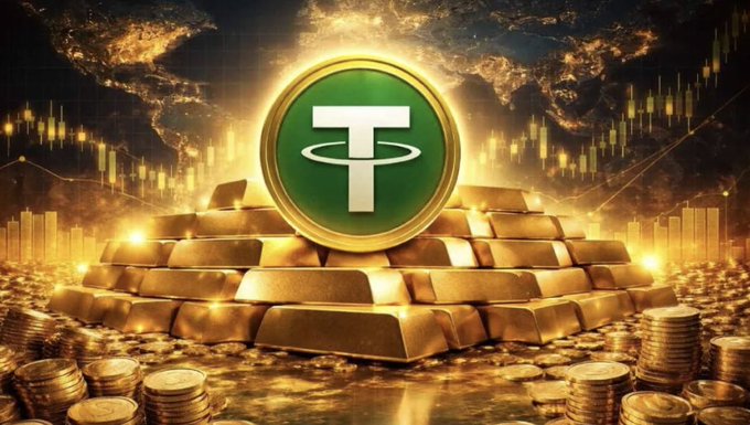 A glowing USDC coin sits atop a pyramid of gold bars surrounded by stacks of gold coins, with financial charts visible in the background. The image visually reinforces the news of Tether's substantial Q2 2026 gold purchase, highlighting the company's massive $18.8 billion gold reserves backing $USDT.