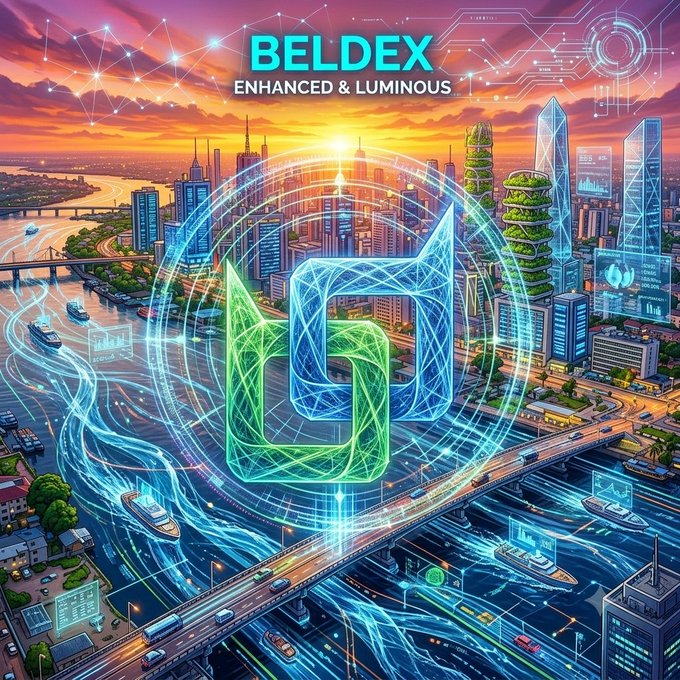 A vibrant promotional graphic for "BELDEX" with the tagline "ENHANCED & LUMINOUS," featuring a glowing neon blue and green Beldex (BDX) logo hovering above a futuristic cityscape with rivers and bridges.