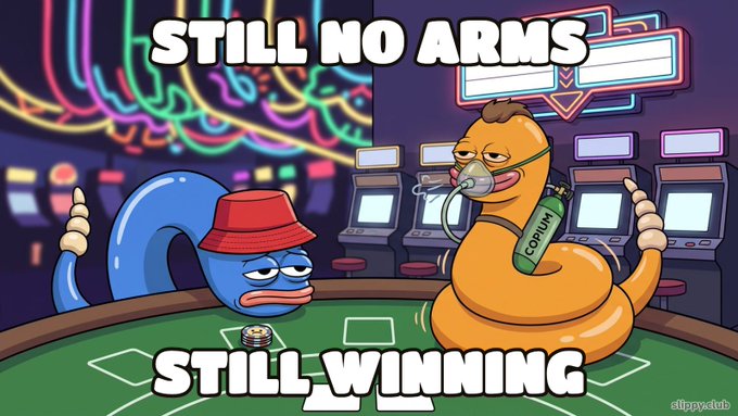 A meme featuring two cartoon characters, one blue and one coiled into a turd shape holding a 'CORIUM' canister, with text reading 'STILL NO ARMS' and 'STILL WINNING'.