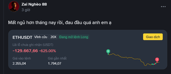 The image features a post that seems to be about cryptocurrency, specifically Ethereum. The post contains a screenshot of a social media feed with a graph showing price changes for a particular cryptocurrency (ETHUSDT). The caption on this post includes the names of two people, Zai Nghòo and an email address, though it is not clear what else might be included in the caption or the main message.