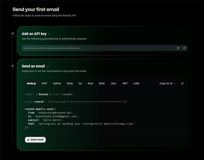 A dark-themed documentation page titled 'Send your first email' provides instructions for using the Resend API, including an API key field and a Node.js code snippet.