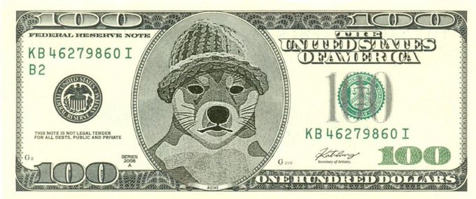 A United States one hundred dollar bill is edited to show a dog wearing sunglasses and a knit hat in the portrait oval, with serial number 'KB 46279860 I'.