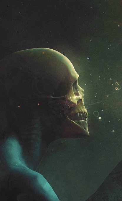 A dark, moody digital artwork showing the side profile of a skull with glowing green eyes and smoke rising from the jaw, set against a cosmic background speckled with light particles.
