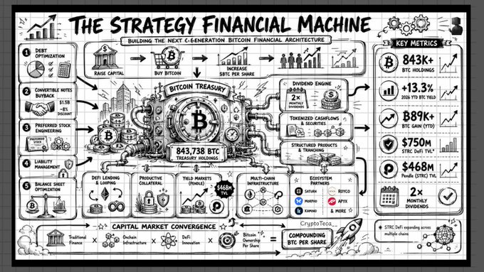 The image features a graphic representation of various elements associated with the strategic financial machine. It includes a clock, buildings, cars, roads, money symbols, and other objects. At the bottom of the image, there is text that provides some information about the update in strategy for the financial machine. The main idea emphasized here is how the bank has chosen to structure its assets based on Bitcoin exposure: by buying Bitcoins at $STRC and selling them once they've appreciated enough, resulting in an increase in the overall value of the bank's portfolio. This strategy seems to be quite successful as the bank saw a significant growth in its portfolio after implementing this approach.
