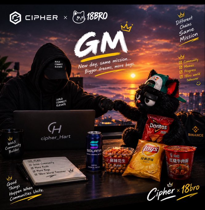 A promotional graphic features a person in a black hoodie fist-bumping a black bear wearing a cap, surrounded by snacks like Doritos and Lay's, with text reading 'CIPHER x 18BRO', 'GM', 'New day, same mission... Bigger dreams, more bags.', 'Web3 Community Builder', and references to 'SOLANA' and 'BINANCE'.