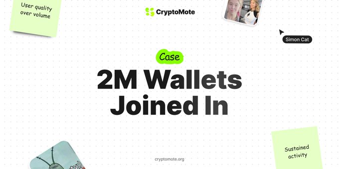 The image features a banner for Cryptomate that says "2M WALLETS JOINED IN" and has several notes attached to it, including one that reads "case didn't sell l2 tech. IT GAVE PEOPLE THINGS TO DO A lot of L2 marketing sounds the same. Cheaper transactions. Faster blocks. Better infra. Useful, sure. But not exactly something normal users wake up excited about." The image is related to the post because it promotes Cryptomate's service for joining 2M wallets together in a visually appealing manner with various notes and images attached to it.