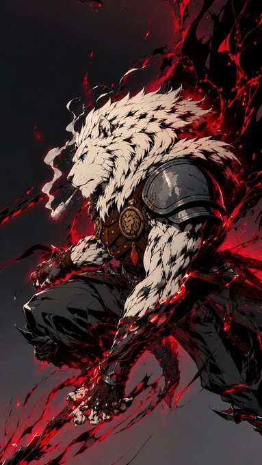An anime-style illustration of a white, tiger-like humanoid creature with black stripes, wearing armor and surrounded by dark, swirling red and black energy.