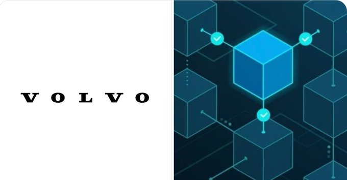 The image features the Volvo logo on the left side alongside a visual representation of blockchain technology, depicted as interconnected blue cubes with verification checkmarks. This relates to the post about Volvo exploring blockchain technology to enhance supply chain efficiency, as discussed by Ivan Branco in a Cardano Foundation interview.