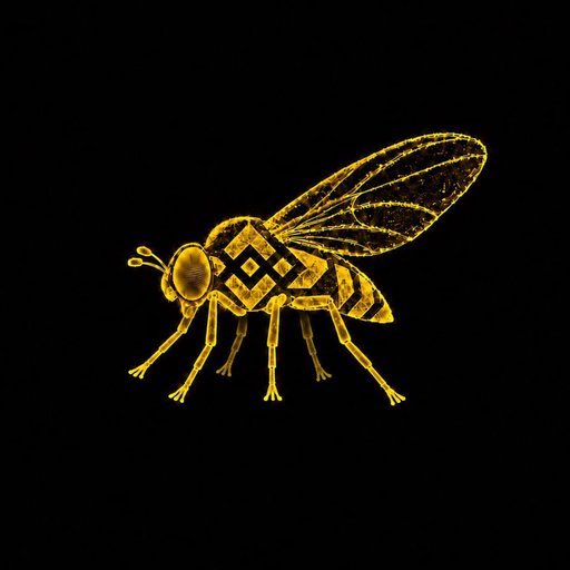 A golden bee with translucent wings stands against a black background, its abdomen displaying a geometric emblem resembling a cryptocurrency logo. The image ties to the on-chain hot narrative meme by symbolizing the "Flylife" concept—evoking the idea that even a humble insect can "soar through life," much like a newly launched token buzzing into the crypto spotlight.