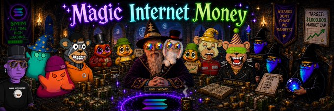 The image features a cartoon-like depiction of a group of people sitting around a table with various objects such as a cup, a book, and a clock. The text "Magic Internet Money" is written above them, and there are several other descriptions below the main scene. One description reads "A meme about internet money", while another says "The original MIMcoin". These descriptions provide context to the image's content and help viewers understand its purpose or origin.