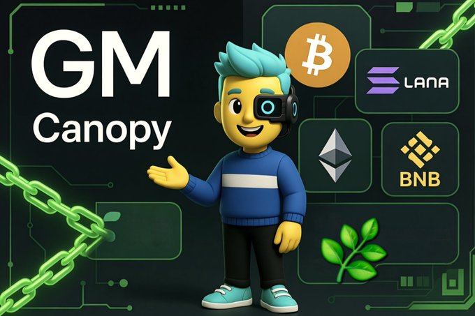 A graphic featuring a 3D cartoon character with blue hair and an eyepatch next to the text 'GM Canopy,' alongside logos for Bitcoin, Solana, Ethereum, and BNB.