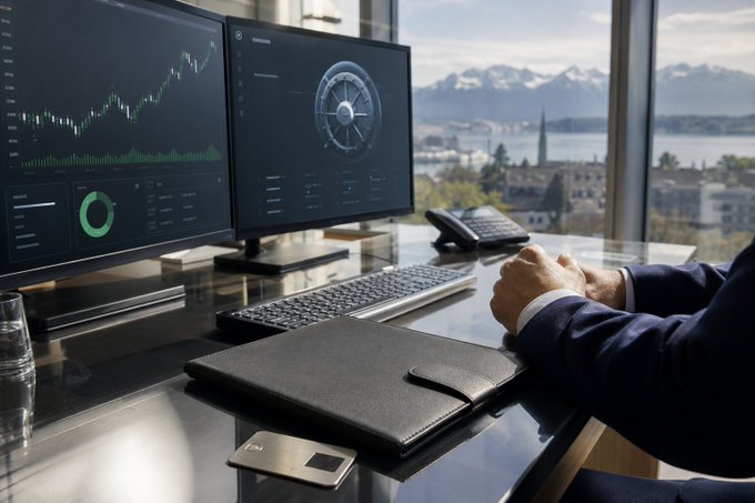 A businessman in a suit sits at a desk with dual monitors displaying financial trading charts and data, overlooking a scenic lake and mountain view. The image conveys professional financial trading and cryptocurrency custody services, aligning with Bitcoin Suisse AG's listing of XDC Network for trading and custody.