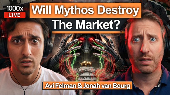 The image features two men wearing headphones, with one man's face appearing larger than the other due to a magnifying glass effect. The background of the image shows an illustration of Mythos destroying the market. The caption below the image reads "Will Mythos Destroy The Market?" and includes links to the post on YouTube.