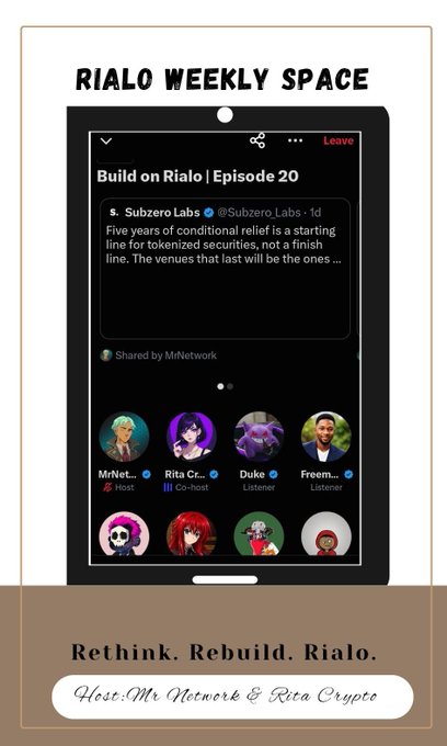 A promotional graphic for "RIALD WEEKLY SPACE" showcases "Build on Rialo | Episode 20" with a Subzero Labs tweet and a podcast panel featuring hosts MrNetwork and Rita Crypto alongside listeners.