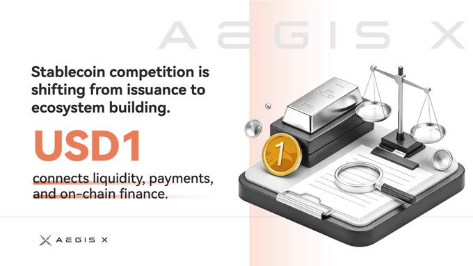 A promotional graphic for AEGIS X featuring silver bars, a balance scale, a clipboard, and a gold coin stamped "1" alongside text stating "Stablecoin competition is shifting from issuance to ecosystem building. USD1 connects liquidity, payments, and on-chain finance," visually reinforcing the post's message about USD1 building the next-generation digital finance ecosystem.