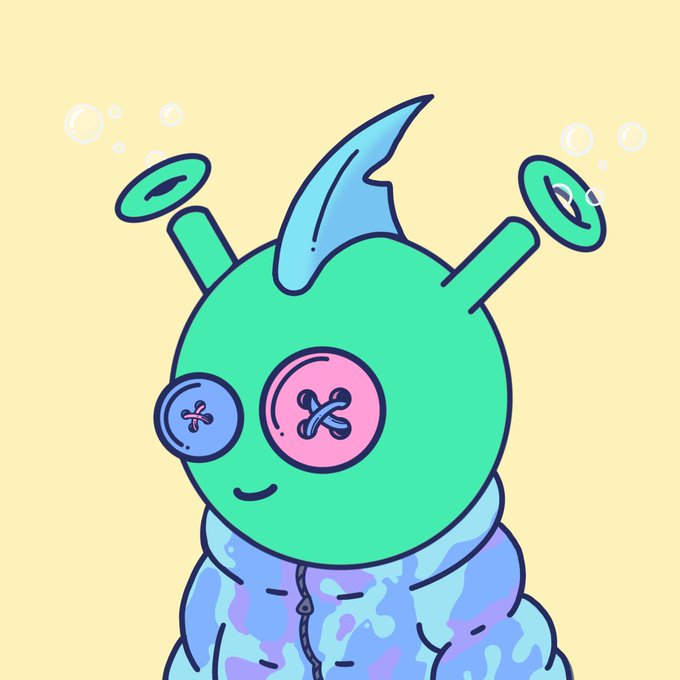 A cartoon illustration of a green alien-like character with a blue mohawk, two antennae with discs, and mismatched blue and pink button eyes, wearing a puffy blue jacket.