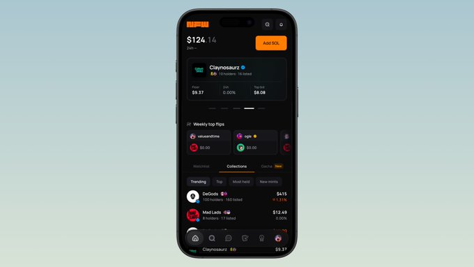 A smartphone displays the NFW app's dark-themed marketplace interface, showing a portfolio value of $124.14 with 0.20% gain, featuring the "Claynosaurz" collection at $8.08 floor price and a "Weekly top flips" section highlighting trades from @vrxnthne and @aye_io. The screen also includes trending NFTs like DeGods at $415 and Mad Lads at $120.49, illustrating the app's real-time social marketplace for tracking NFT and trading card game collections.