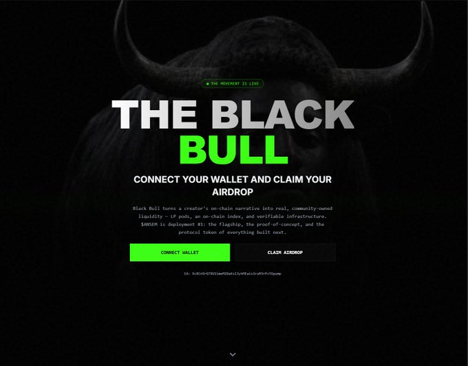 A promotional webpage for 'THE BLACK BULL' displays text 'THE MOMENT IS LIVE', 'CONNECT YOUR WALLET AND CLAIM YOUR AIRDROP', and describes it as a community-owned liquidity LP pool with a green 'CONNECT WALLET' button.