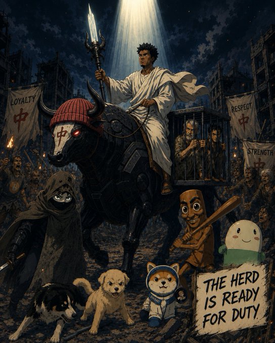 A dramatic dark illustration featuring a warrior on a mechanical bull holding a spear, surrounded by various characters, dogs, and banners reading "LOYALTY", "RESPECT", and "STRENGTH", with a sign stating "THE HERD IS READY FOR DUTY."