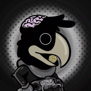 A stylized cartoon illustration of a crow or raven character with an exposed brain, holding a gold coin in its beak and wearing armor with a vehicle design, set against a dotted circular background.