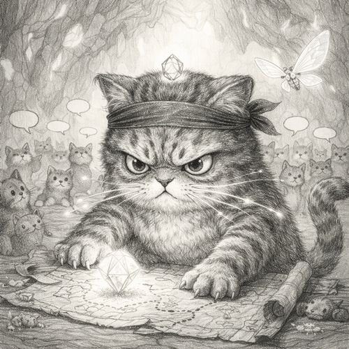 A pencil drawing of a stern tabby cat wearing a bandana and a diamond tiara, sitting on a map with a rolled scroll, surrounded by other cats and a fairy with speech bubbles.
