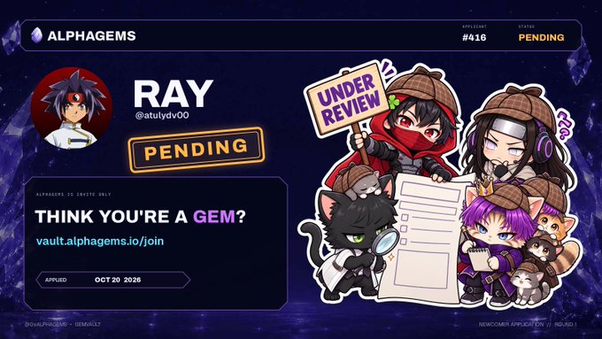 A promotional graphic for 'ALPHAGEMS' featuring the applicant 'RAY' (@atulydv00) with an 'UNDER REVIEW' sign and 'PENDING' status for the 'GEM VAULT' program.