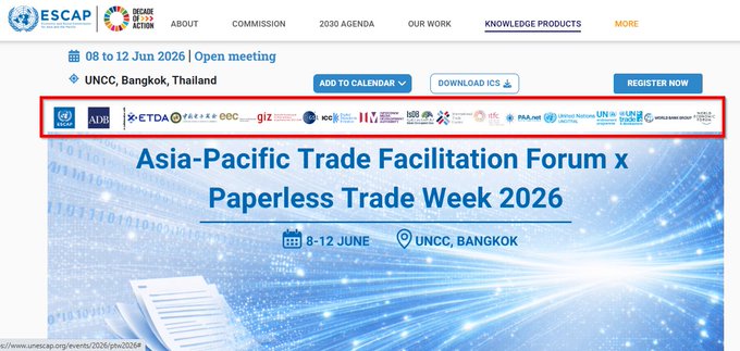 The image shows a webpage with a blue background, featuring a banner for an Asian-Pacific Trade Facilitation Forum. The text on the page indicates that the event will take place from June 6th - 12th, 2026, and is open to anyone interested in participating or learning more about it. The website also displays various logos of organizations involved in the event, such as the United Nations, World Trade Organization, and Asian Development Bank.