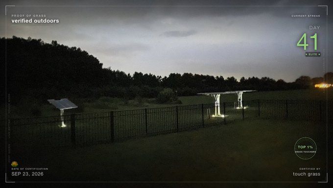 A dark outdoor scene shows a fenced area with a solar panel and lit gate, overlaid with text 'verified outdoors', 'DAY 41', 'SEP 23, 2026', and 'TOP 1%'.
