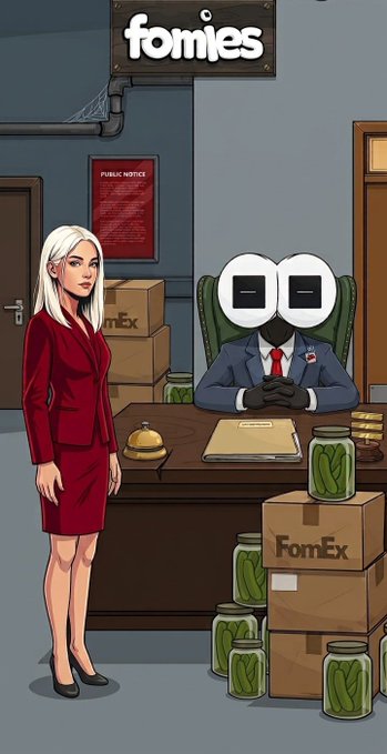 A cartoon illustration of the 'fomies' Web3 project showing a white-haired woman in a red suit standing before a suited character with a computer screen for a face, surrounded by boxes labeled 'FomEx' and jars of pickles.