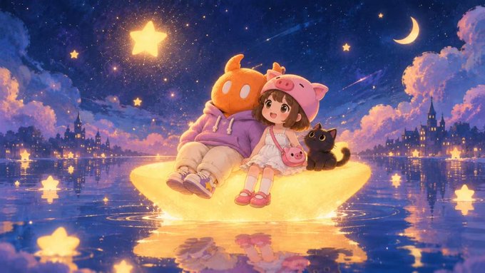A whimsical digital illustration showing a girl in a pink pig hat and a pumpkin-headed character sitting on a glowing star, accompanied by a black cat against a starry night sky with a crescent moon.