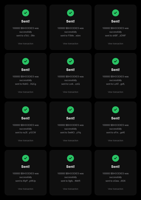 A grid of 12 "Sent!" confirmation cards, each showing that 100,000 $BHOODIES was successfully sent to a different Solana wallet address, documenting the distribution of tokens for the airdrop campaign.