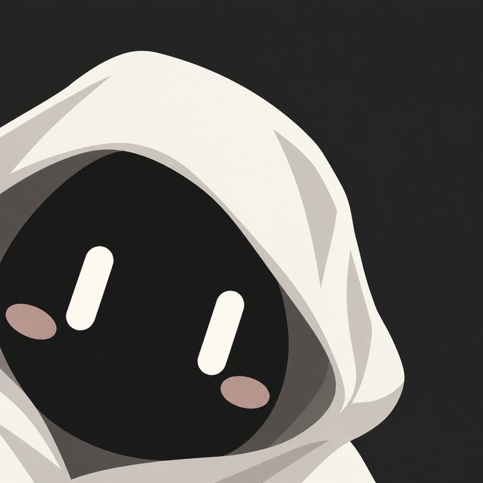 A stylized cartoon character with a black face, white hooded cloak, pink blush cheeks, and white slit eyes against a dark background.