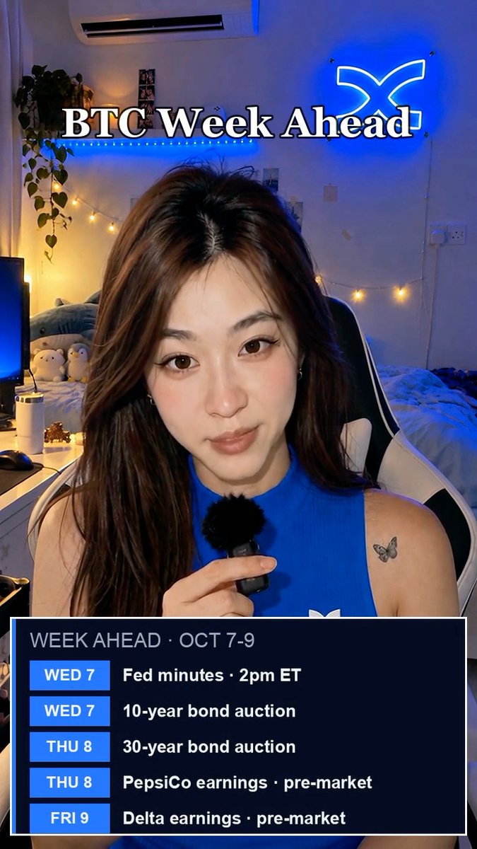 A young woman in a blue sleeveless top holds a microphone in a room with neon "BTC" and butterfly signs, presenting a "BTC Week Ahead" graphic that lists key economic events for October 7-9, including Fed minutes at 2pm ET, 10-year and 30-year bond auctions, and pre-market earnings from PepsiCo and Delta. The image serves as a visual teaser for the post's message, highlighting the major catalysts traders should monitor before making their next market entry.