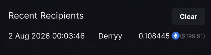 A digital transaction log shows a recent recipient entry dated 2 Aug 2026 00:03:46, sending 0.108445 ETH (~$199.91) to "Derryy," supporting the accompanying message congratulating the recipient on receiving the $200 transfer.